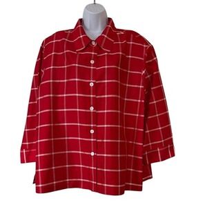Linea by Louis DellOlio Silk Red White Plaid Button Down Shirt Top 2X